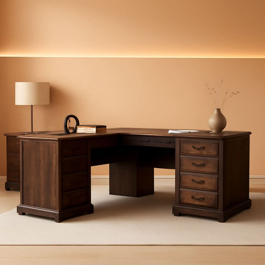 60In Farmhouse L Shaped Desk With Drawers Charging Oak