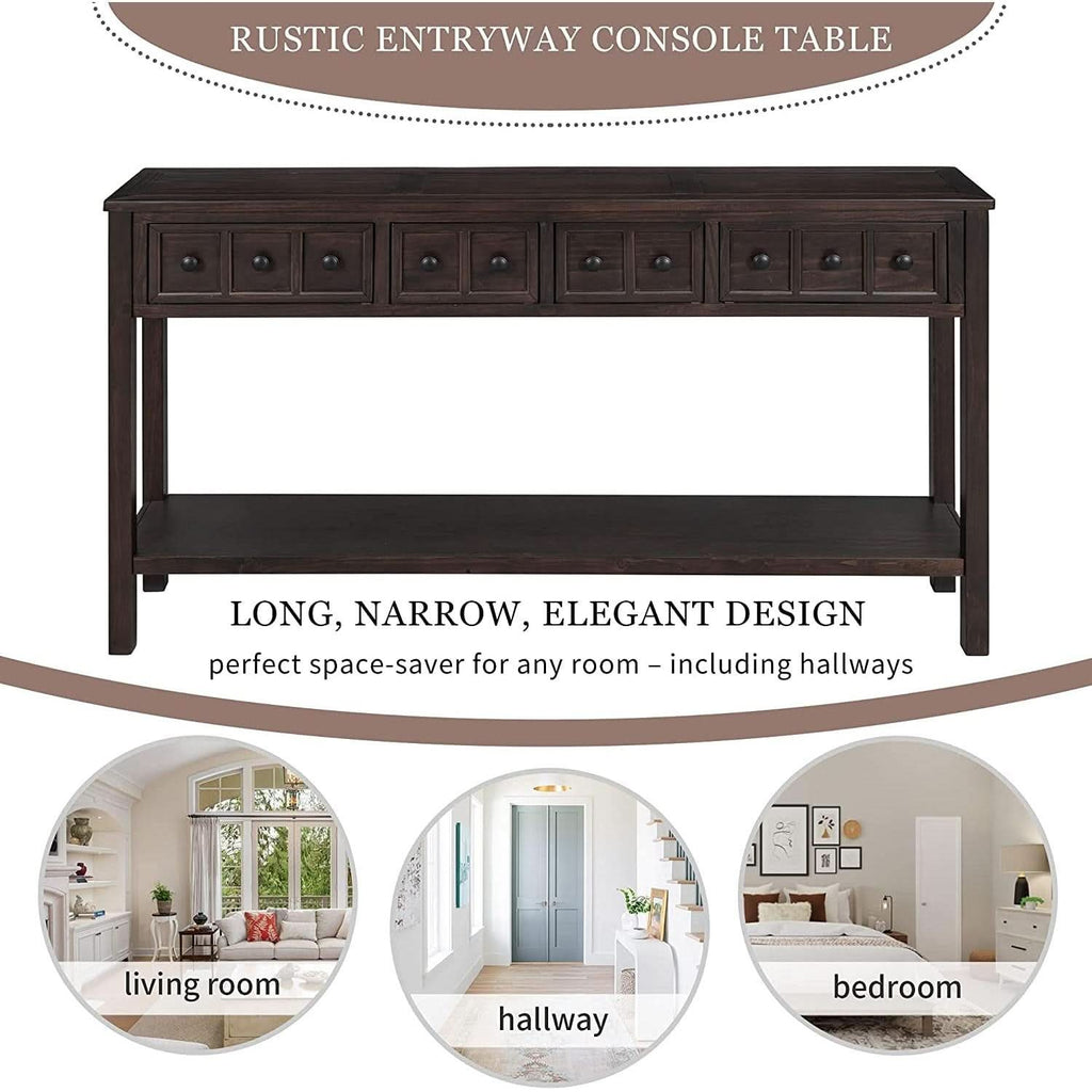 Rustic 60 Inch Console Table With Drawers And Shelf
