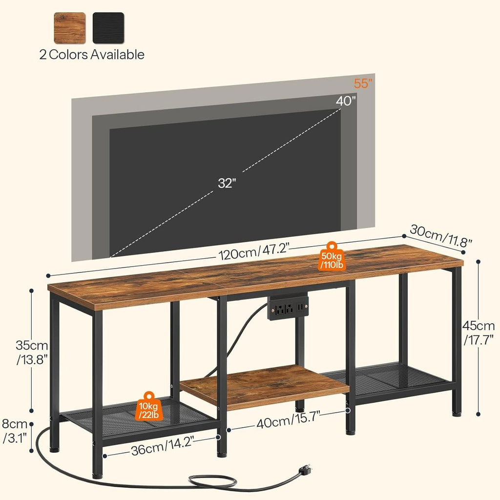 Rustic Brown And Black LED TV Stand With Charging Station Up To 55 Inches