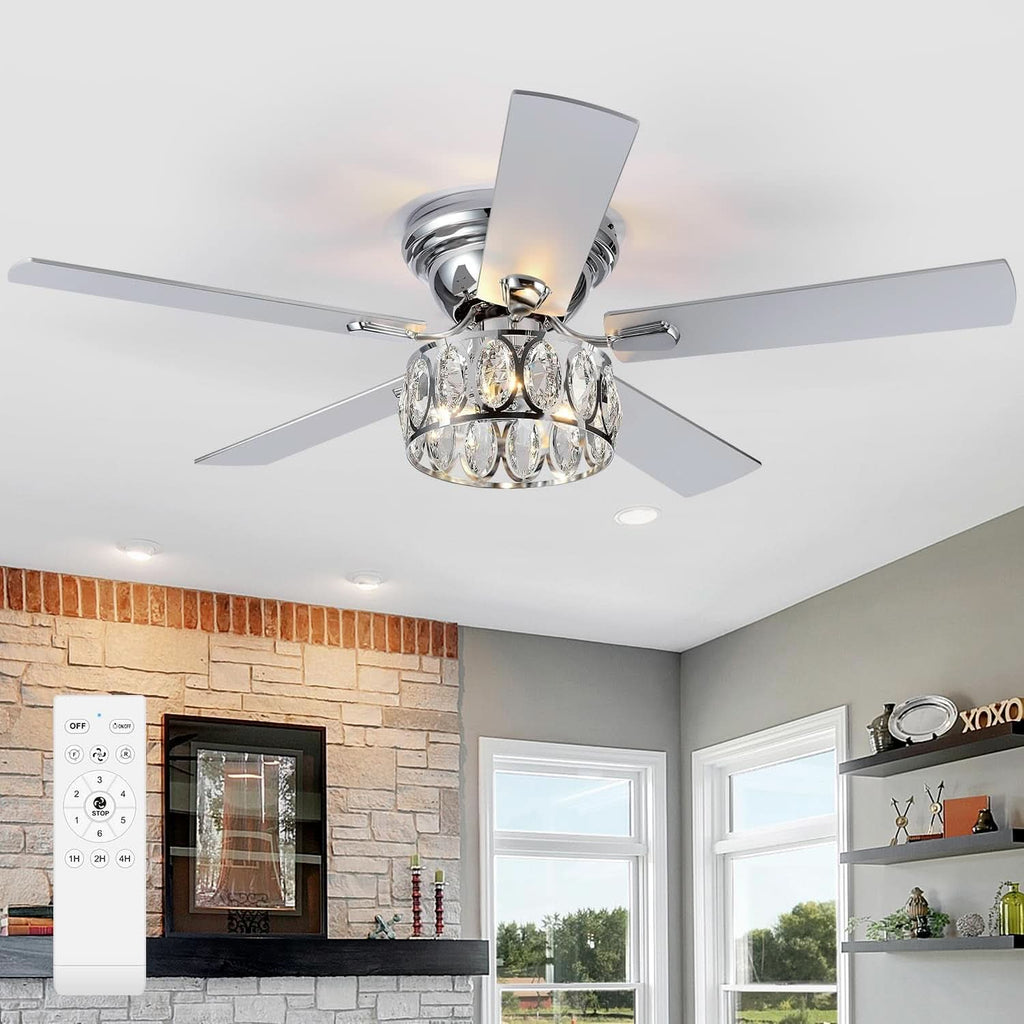 52 Inch Flush Mount Ceiling Fan With Remote LED Crystal Lighting