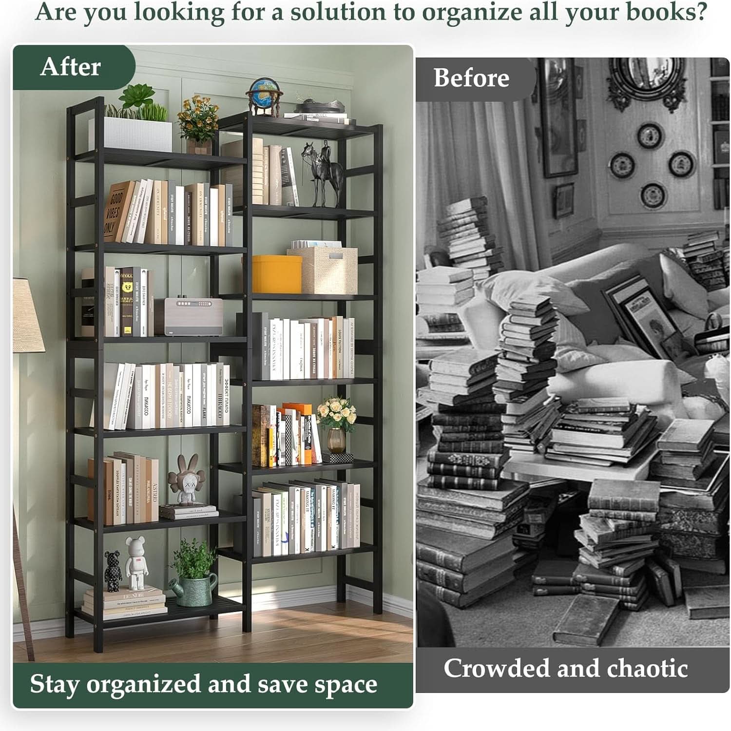 Double Wide Black Bookshelf Freestanding 6 Feet Tall