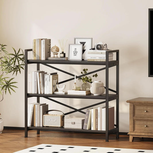 3 Tier Bookshelf 31 Inch Width Wood And Metal Etagere Black