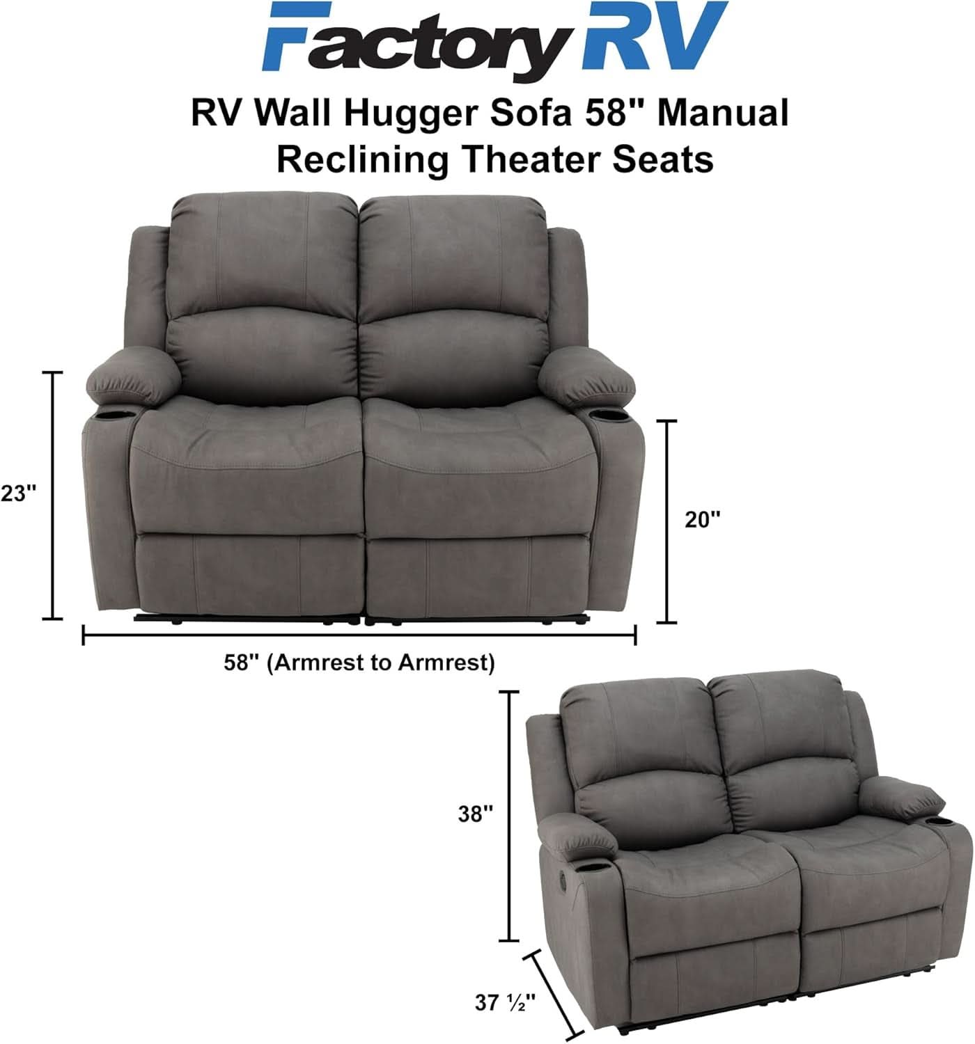 58 Inch Wall Hugger Double Recliner RV Theater Seats Slate