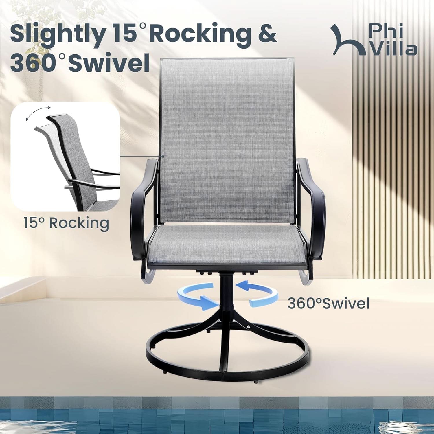 Outdoor Patio Dining Set With Swivel Chairs Gray Textilene