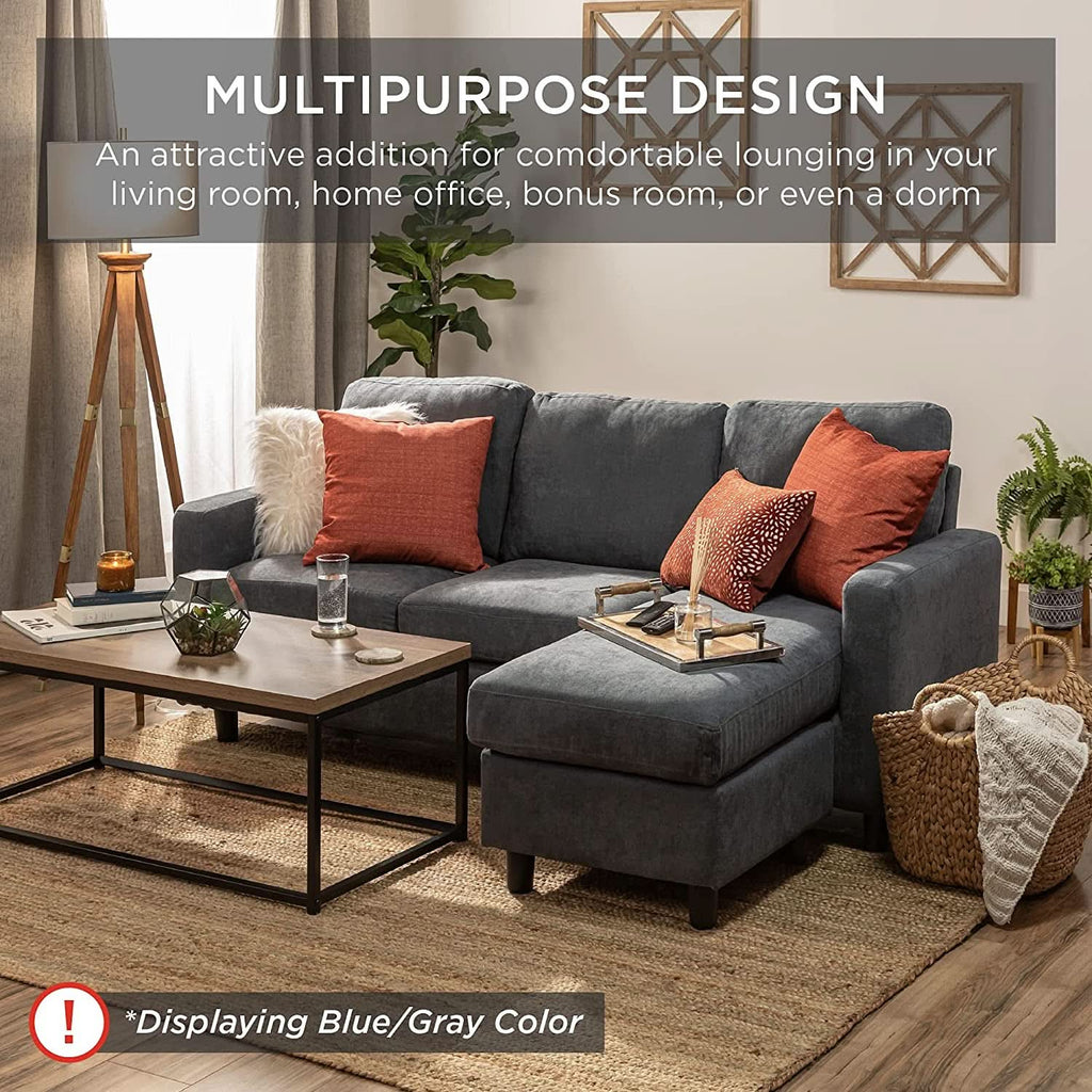 Compact Beige Linen Sectional Sofa With Chaise And Reversible Ottoman