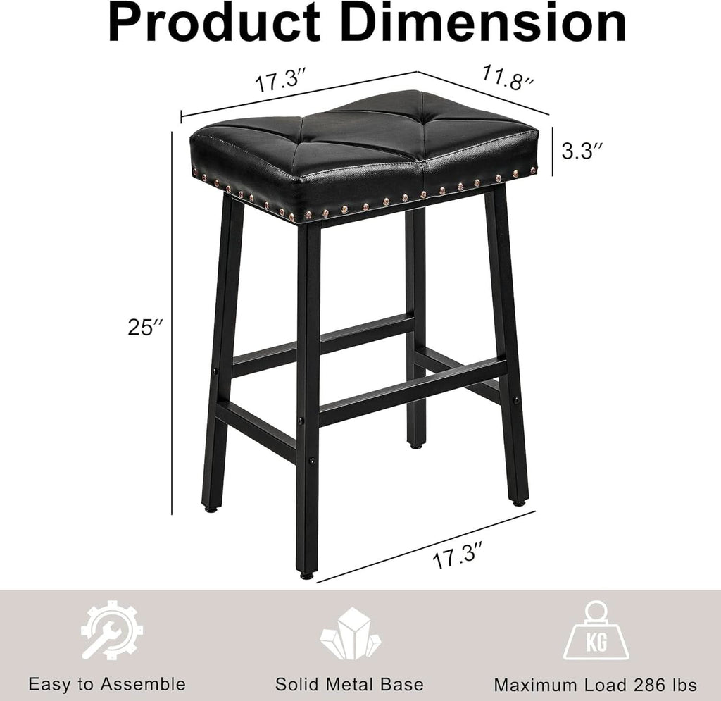 25 Inch Counter Height Bar Stools Set Of 2 In Black With PU Upholstered Saddle Seats For Comfort