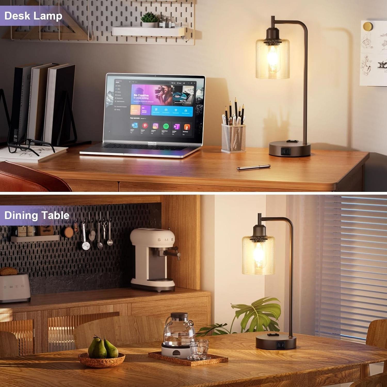 Brown Table Lamps 3-Way Dimmable With USB Ports Set Of 2