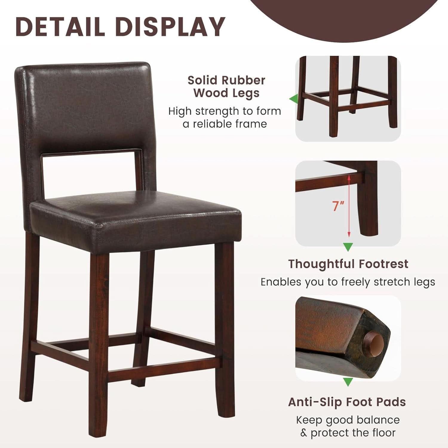 Counter Height Bar Stools Set Of Two, Twenty Four Point Five Inch, Brown Upholstered PVC Leather