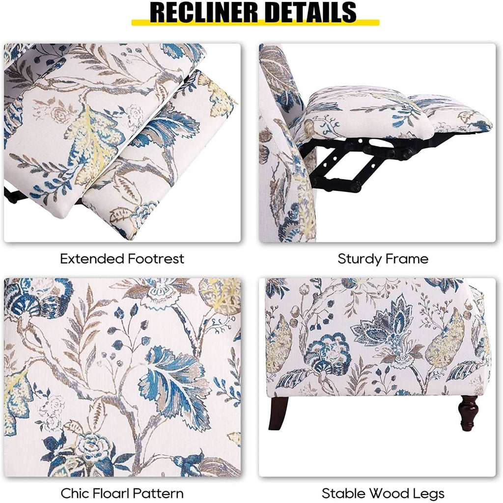 Upholstered Wingback Recliner Chair Blue Floral Elegant