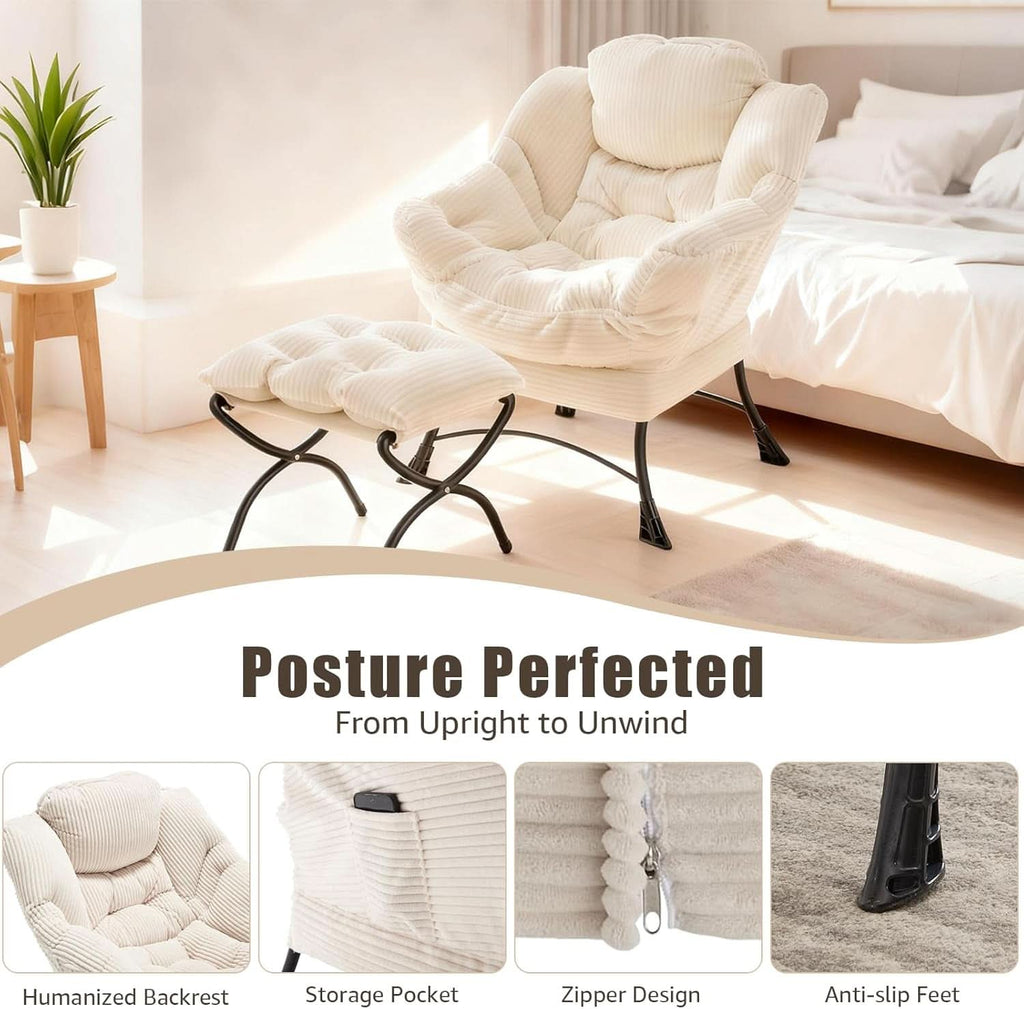 Large Corduroy White Armchair With Ottoman Footrest