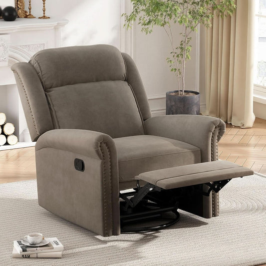 Light Brown Velvet Swivel Rocker Recliner Nailhead Trim