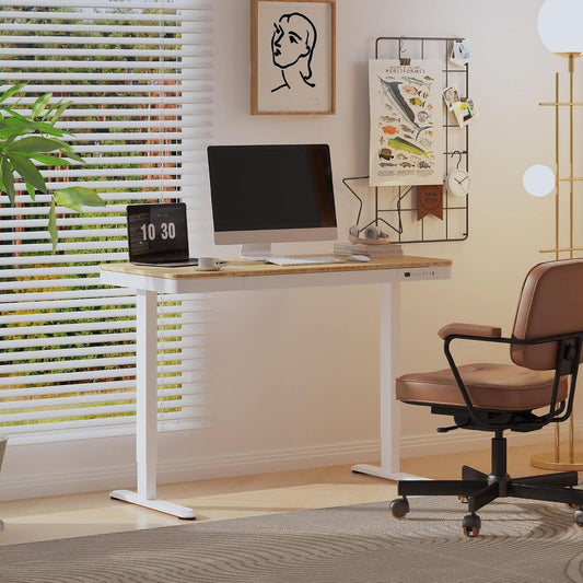 Electric Standing Desk USB Ports And Drawer Bamboo White