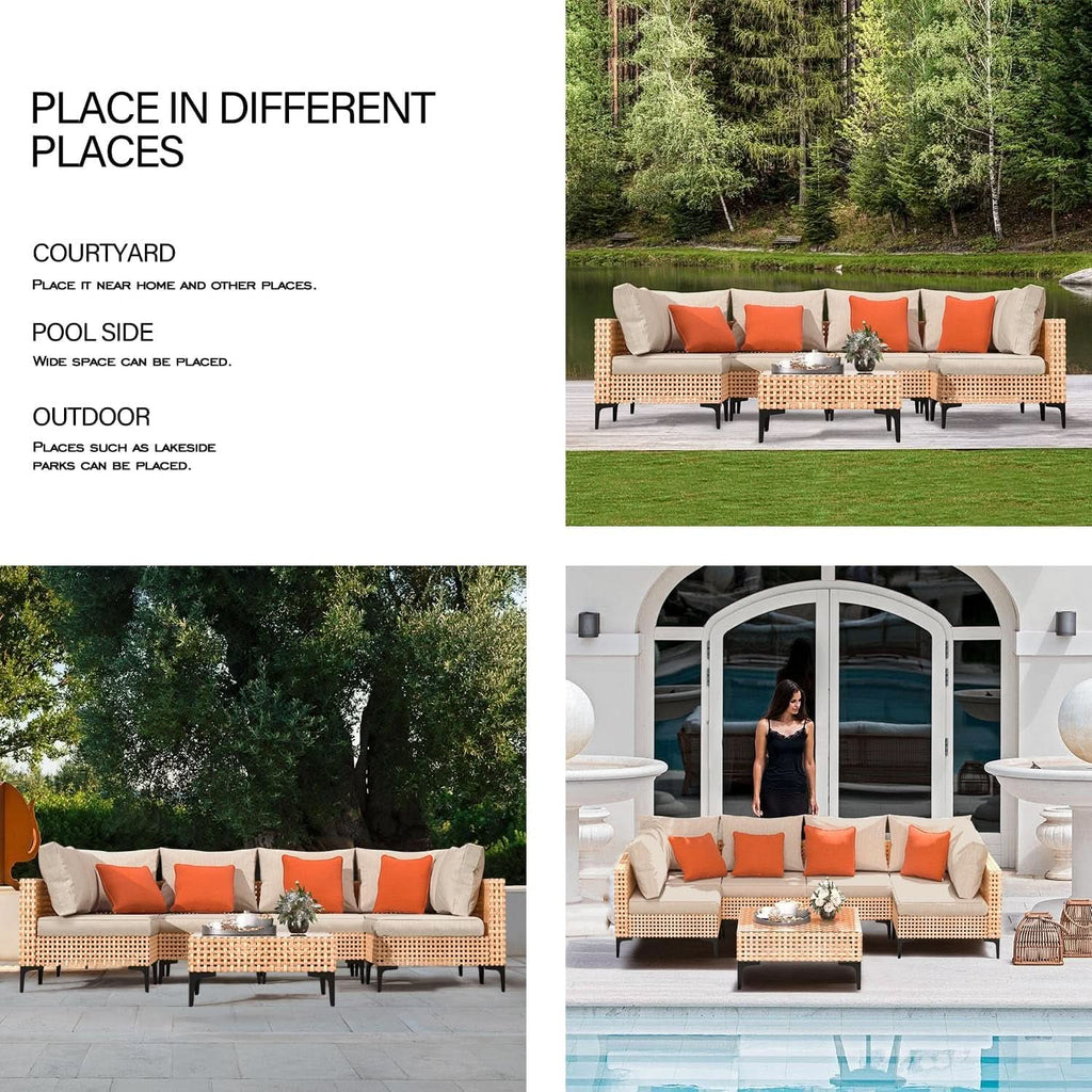 5 Piece Outdoor Patio Set Salmon Orange Wicker Sectional