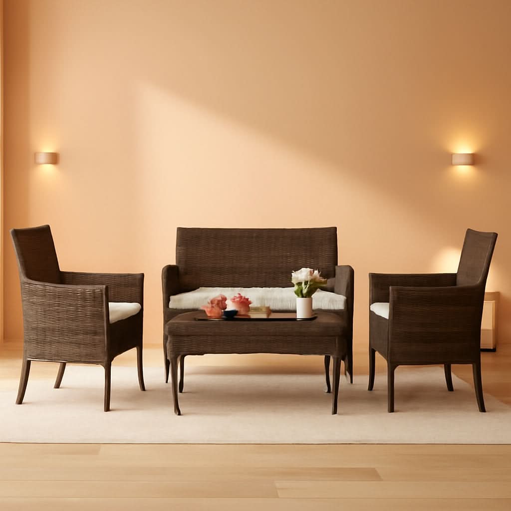 4 Piece Wicker Patio Set With Glass Table Beige Cushions