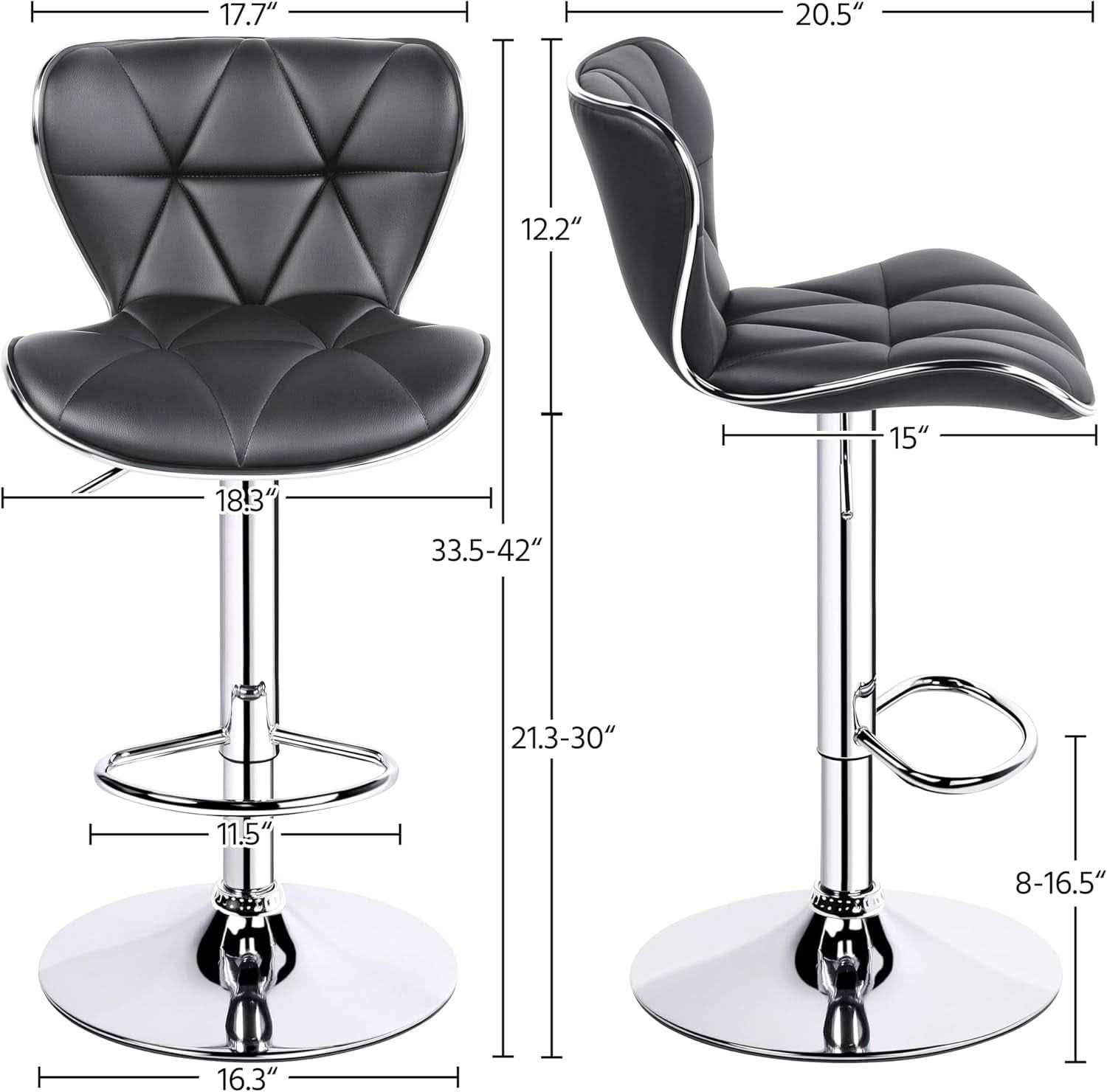 Grey Adjustable PU Leather Swivel Bar Stools Set of 2, Counter Height