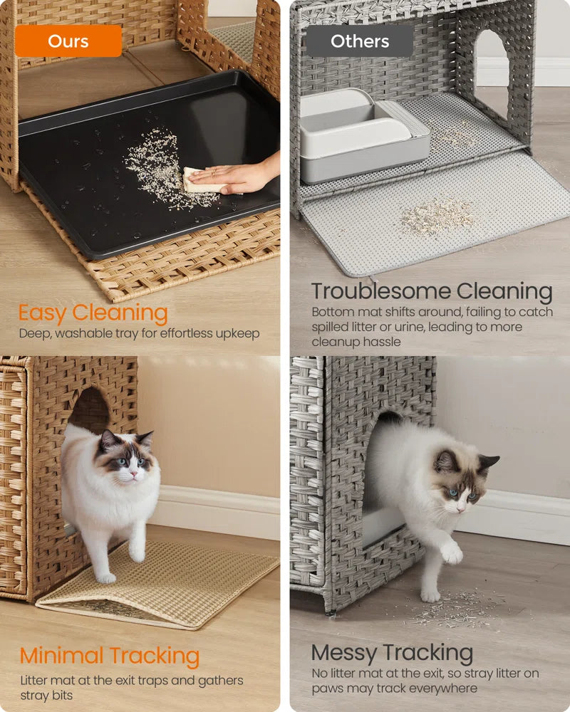 Boho Handwoven Rattan Hidden Litter Box Furniture — Washable Tray & Litter Mat Included