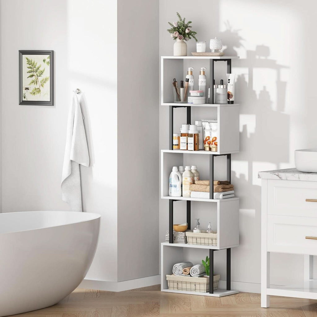 Five Tier Bookshelf White Bookcase Living Room Furniture
