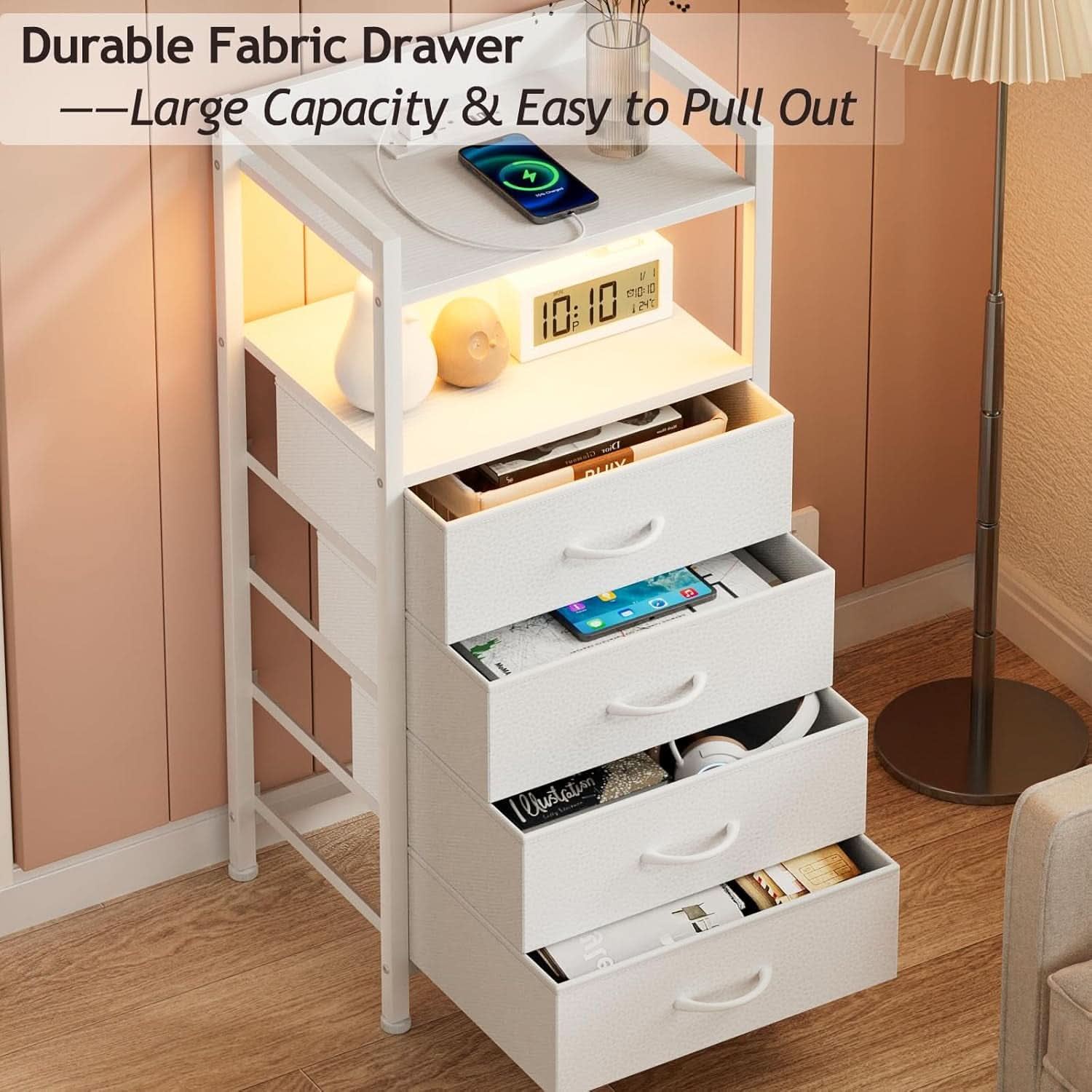 White Nightstand With Charging Station And RGB LED Lighting