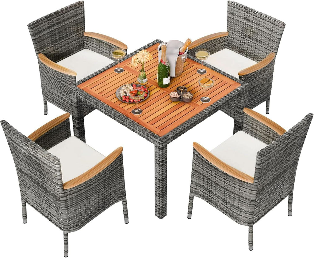 Five Piece Wicker Patio Dining Set with Cushions