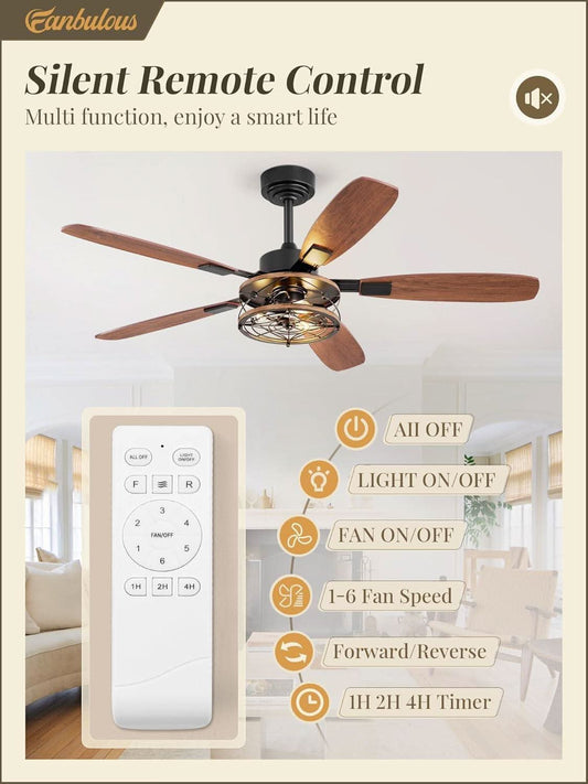 52 Inch Black Farmhouse Ceiling Fan With Light And Remote