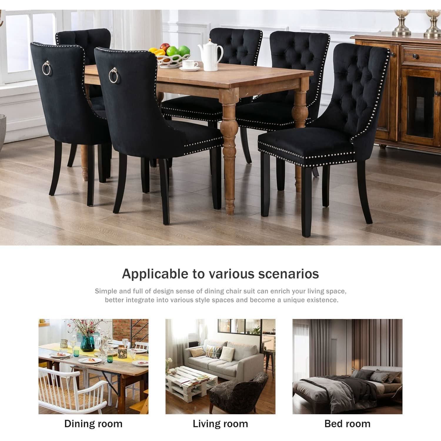 Black Velvet Dining Chair Set Of 6 With High Back Wingback