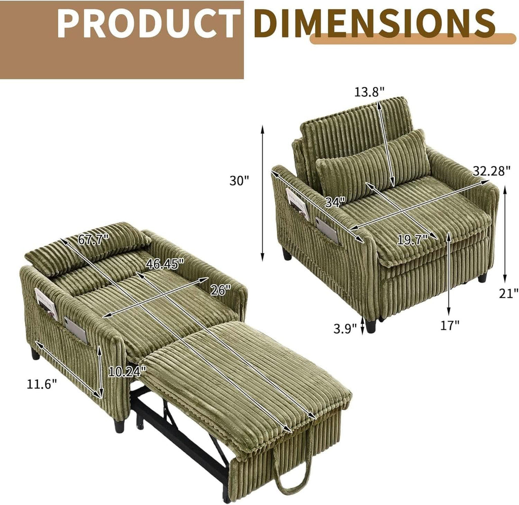 Corduroy Convertible Sofa Bed With Forest Green Fabric