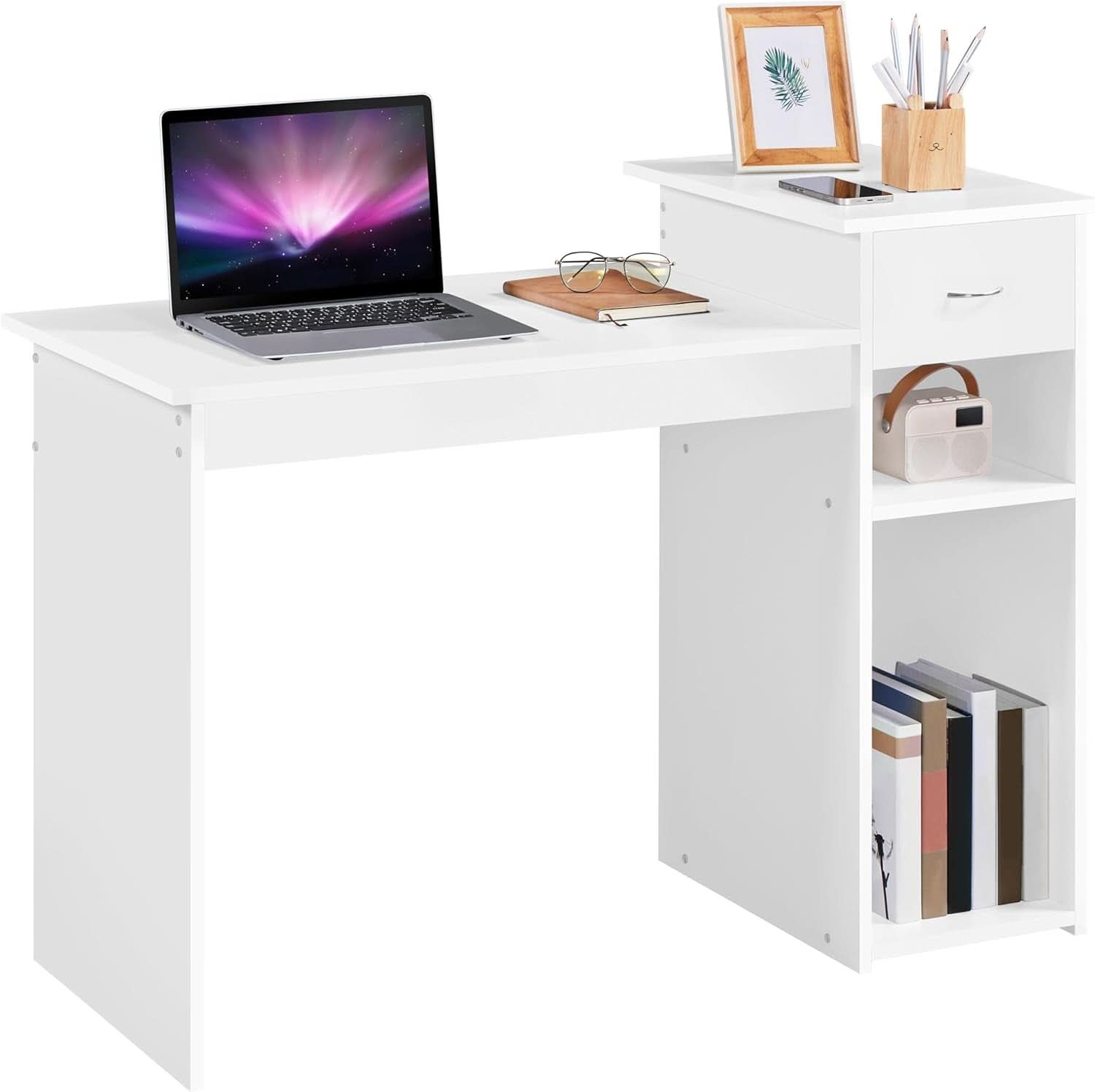 White 44 Inch Desk And Black Mesh Chair Set With Adjustable