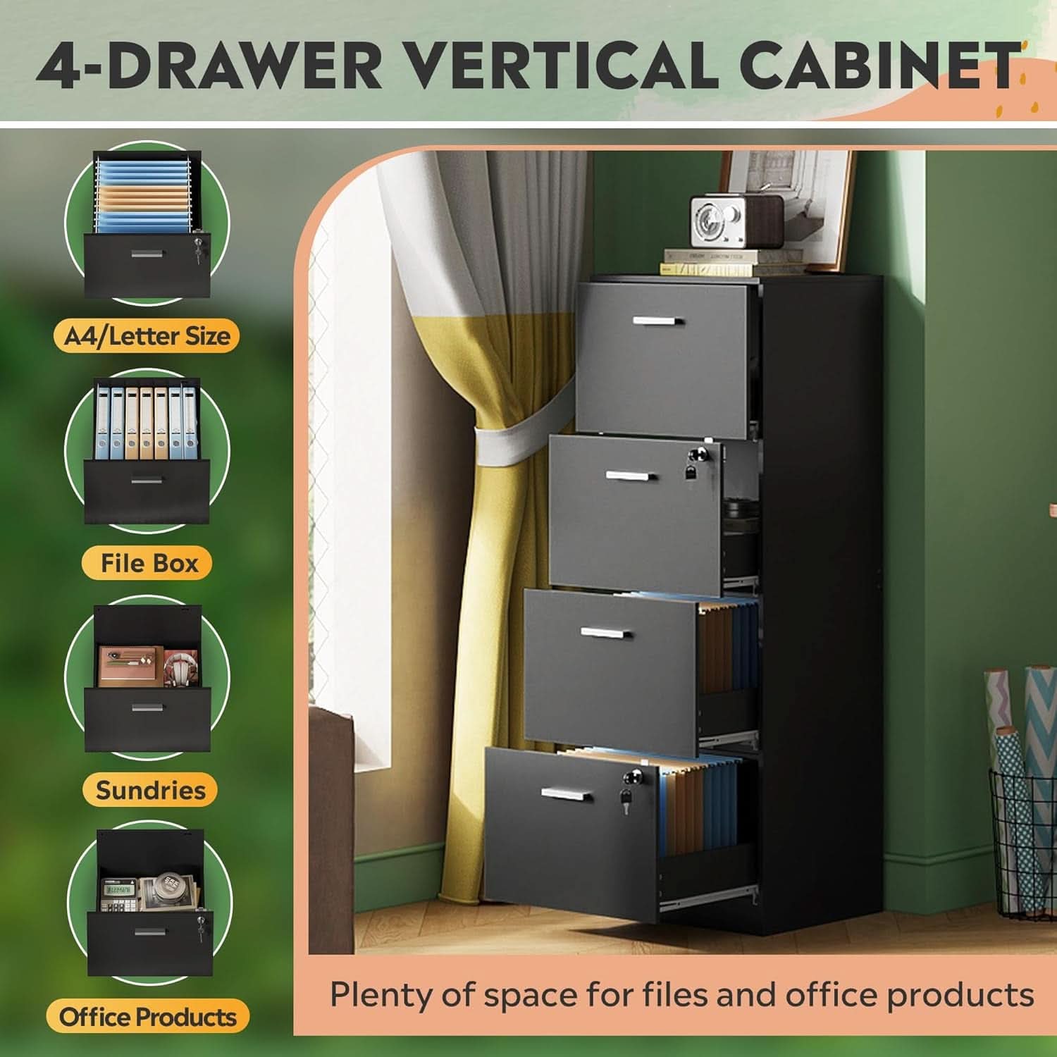 4 Drawer Locking File Cabinet For A4 And Letter Files Black Wood