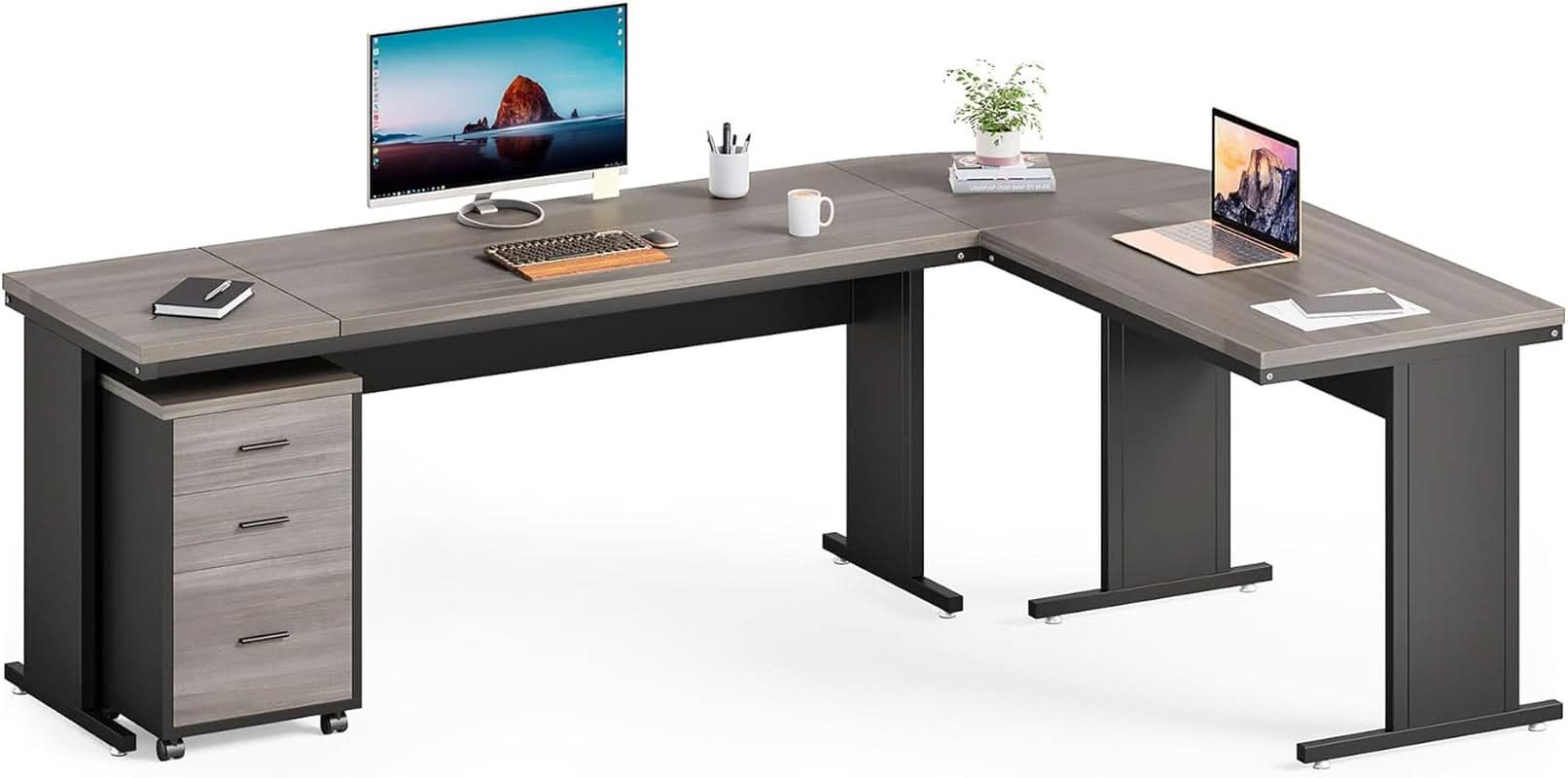 83in Gray Farmhouse L Shaped Desk With Mobile File Cabinet