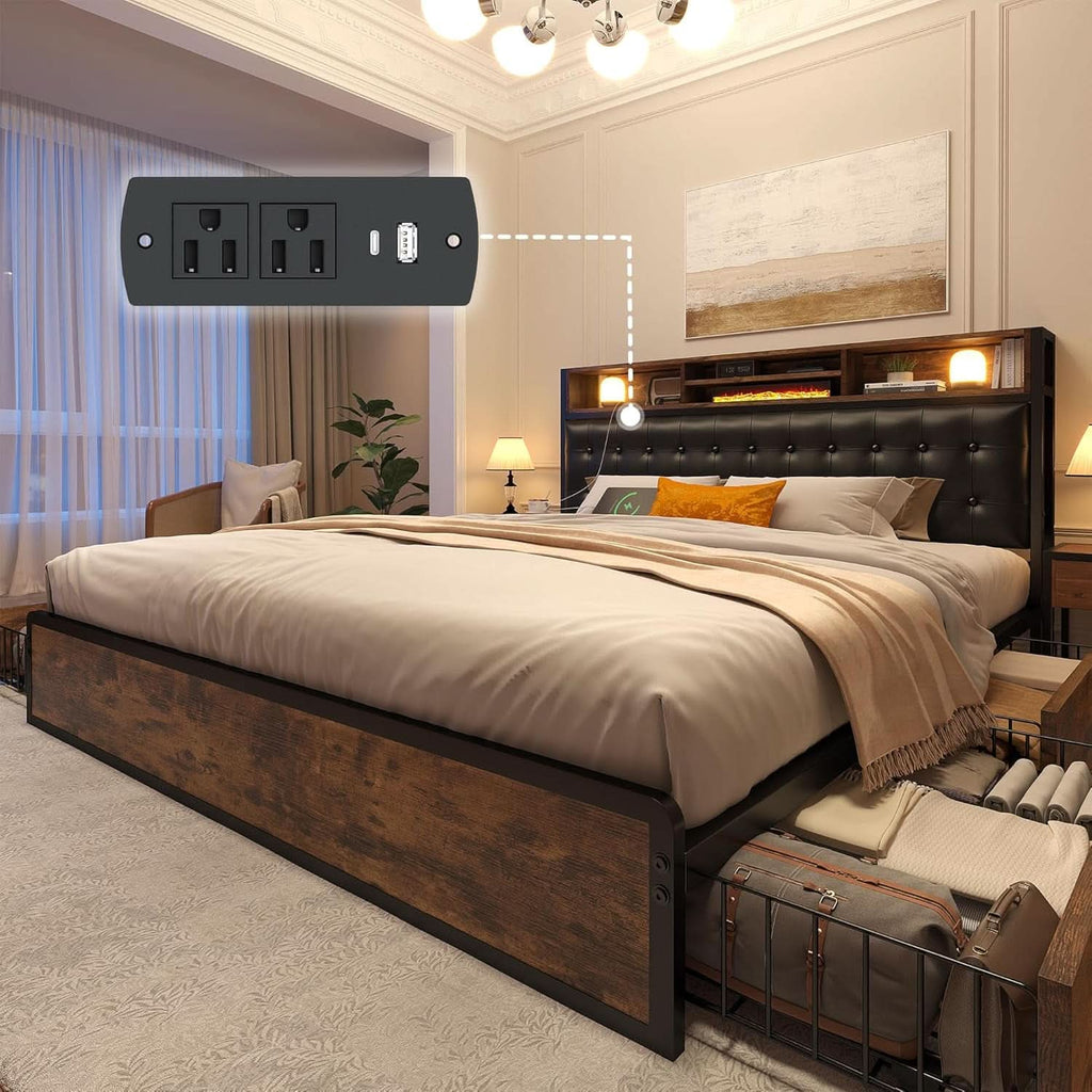 Queen Bed Frame With 4 Storage Drawers And Charging Station