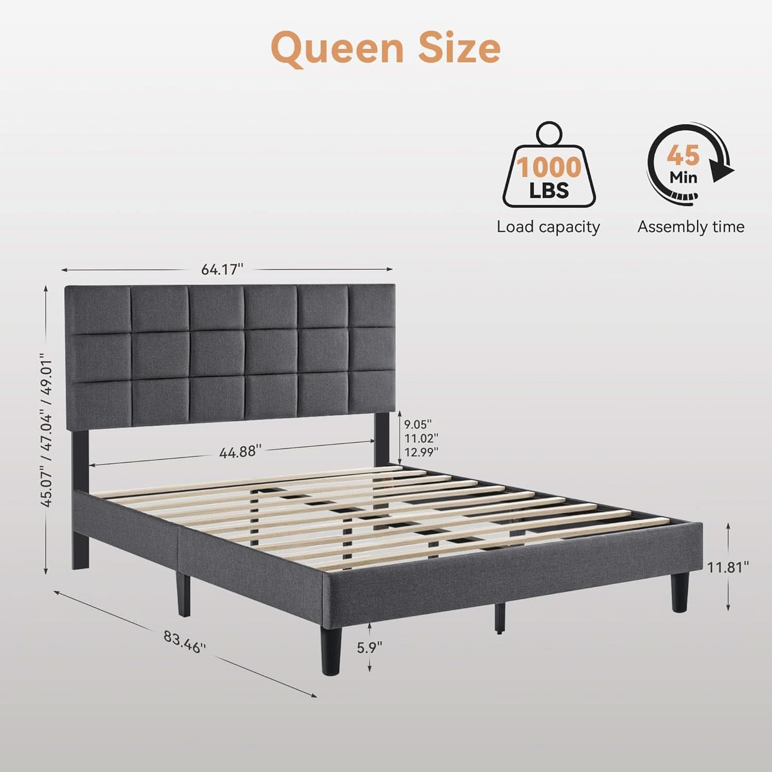 Queen Size Bed Frame With Grey Upholstered Headboard