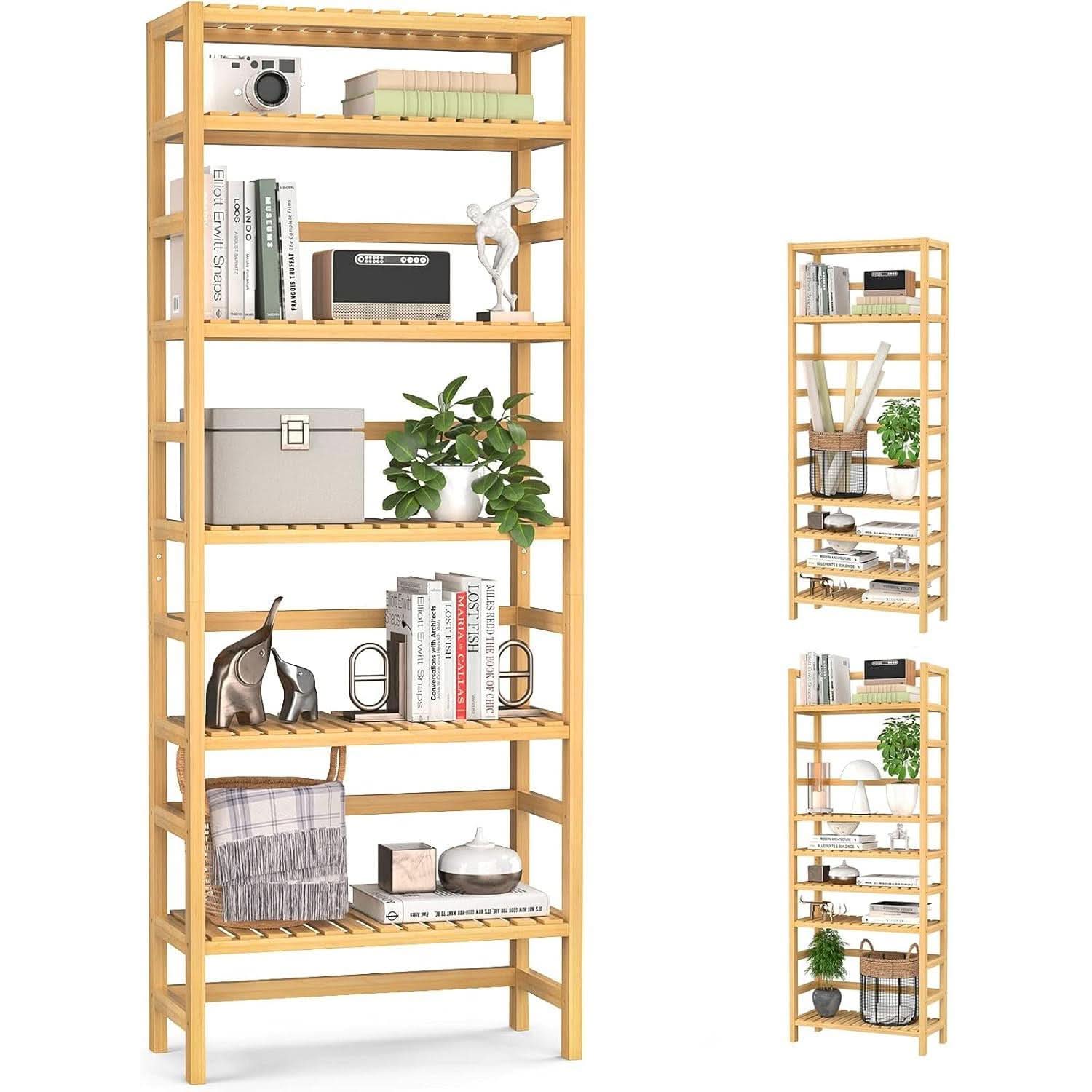 Six Tier Adjustable Bamboo Bookshelf Tall 63 Inch Natural