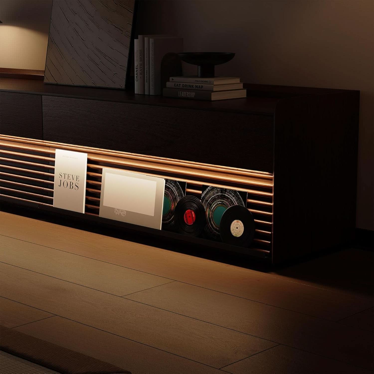 Walnut 78 Inch Mid Century Modern TV Stand With LED Storage