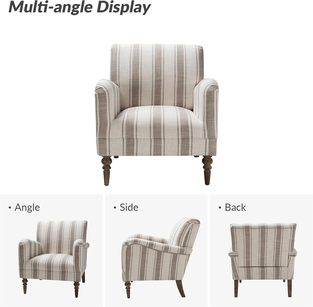 Tan Stripe Accent Chair With Wooden Legs For Living Room