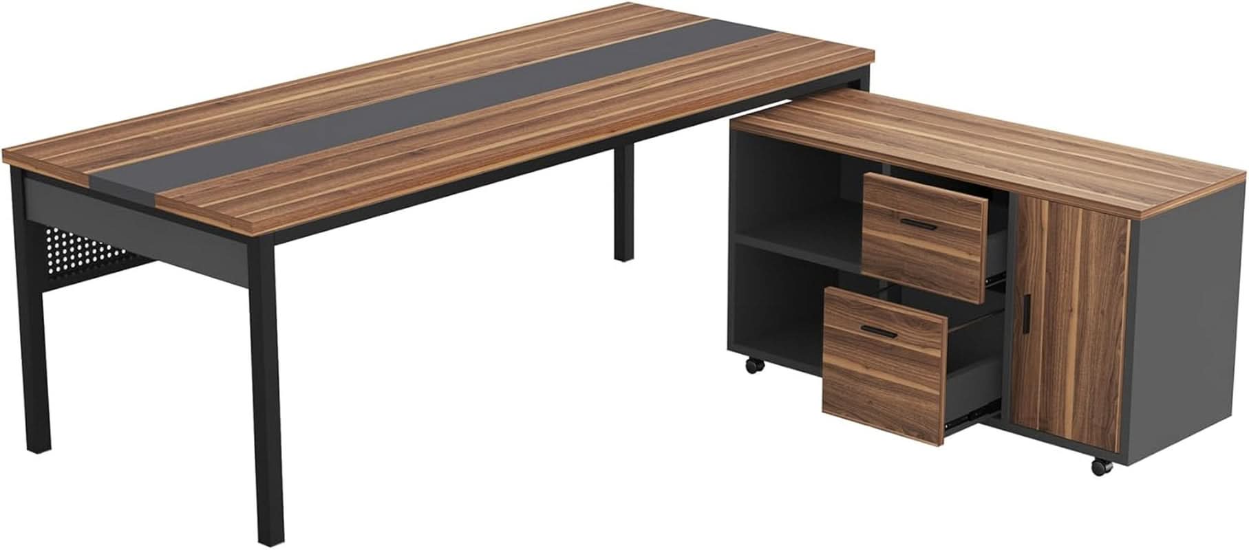 71 Inch Walnut Executive L Shaped Desk With File Cabinet