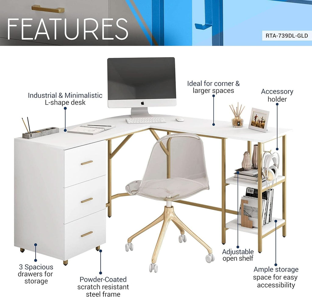L Shaped Corner Desk Two Tone With Drawers And Shelves For Home Office