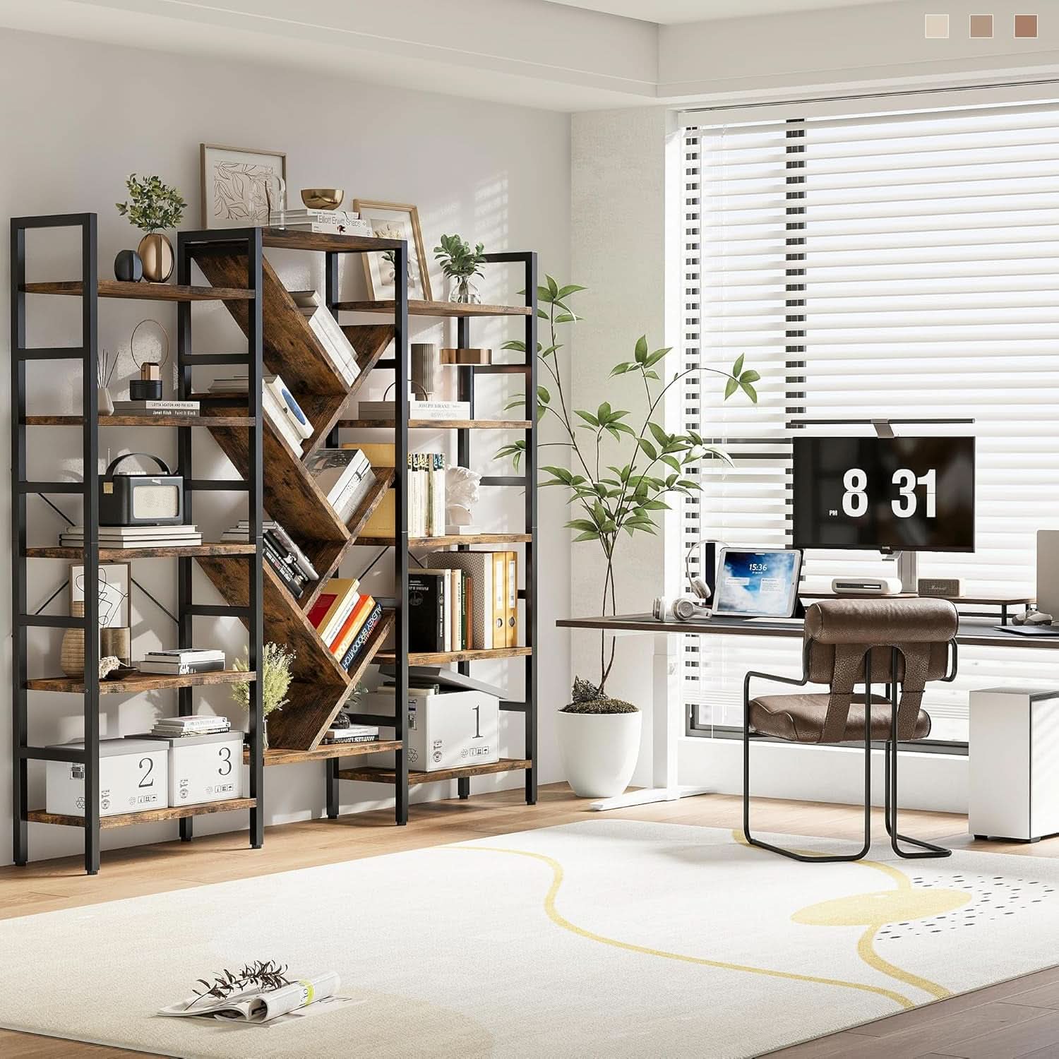 Rustic Brown 5 Tier Wooden Bookcase With Metal Frame