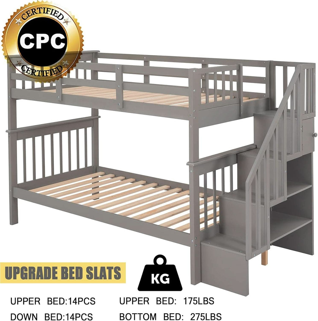 Twin Over Twin Bunk Beds With Stairs Grey For Kids Dorm