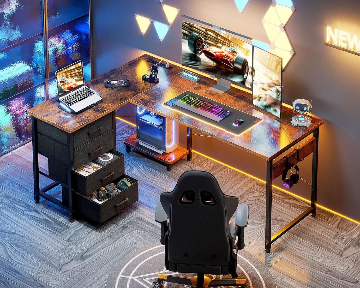 L Shaped Desk With USB Ports And 4 Drawers 53 Inch
