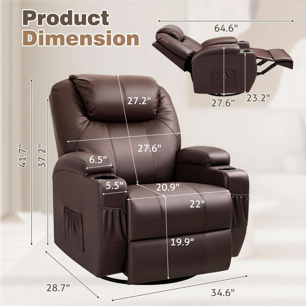 Dark Brown 360 Degree Swivel Recliner Chair With Massage