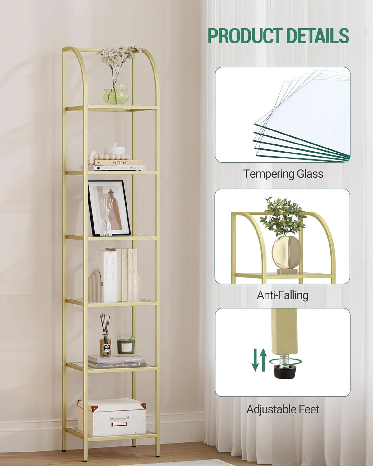 Bookcase Bookshelf 6 Tier Gold Tempered Glass Arched Top