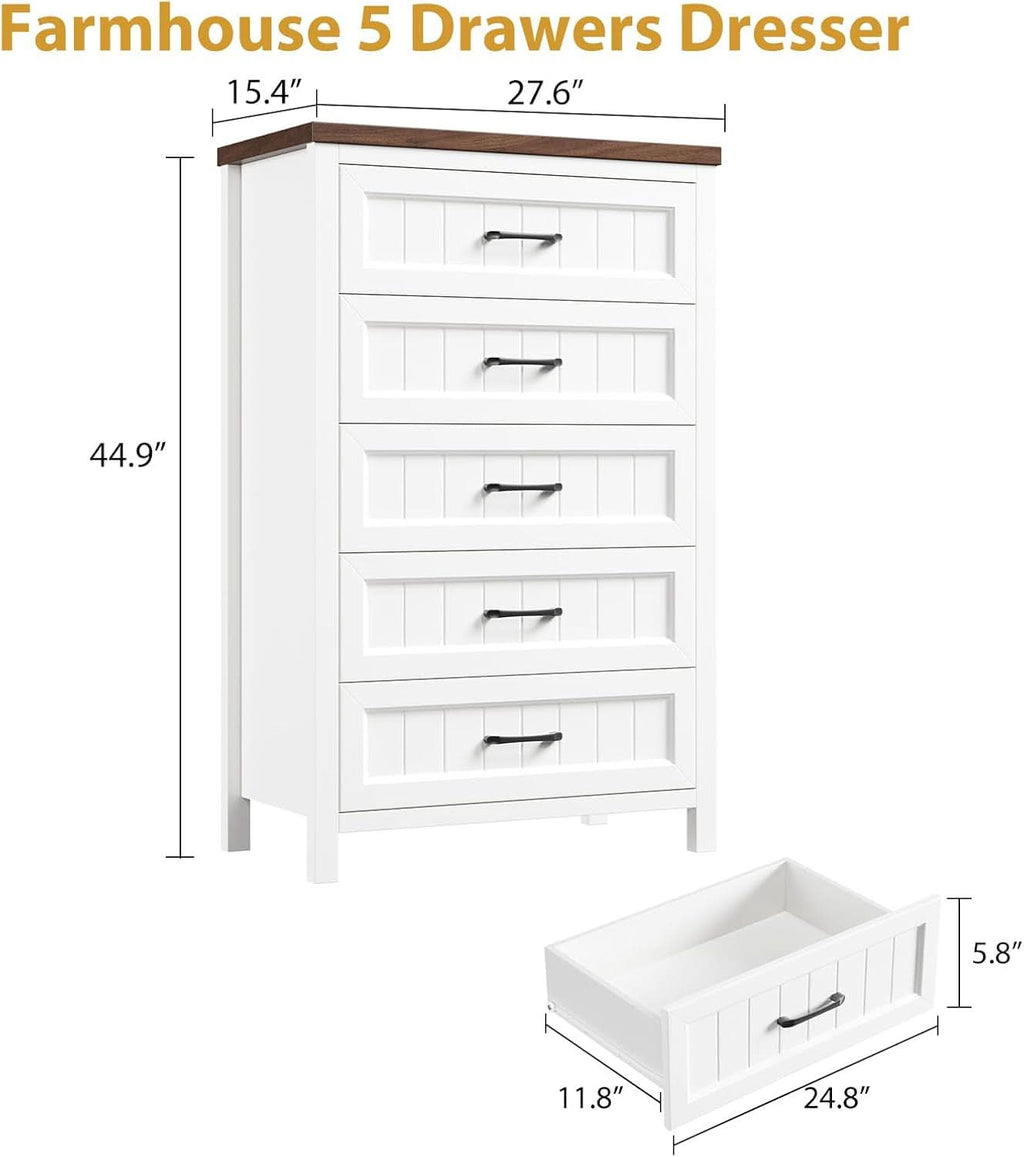 Five Drawer Dresser 44.9 Inch Tall PowderCoatWhite