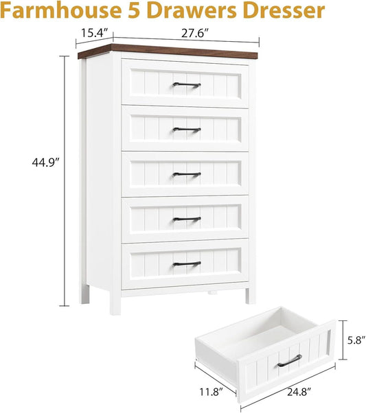 Five Drawer Dresser 44.9 Inch Tall PowderCoatWhite