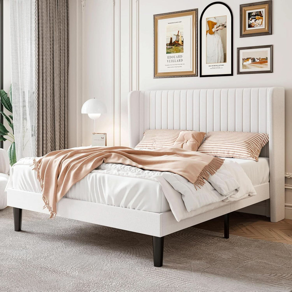 Velvet Upholstered Full Bed Frame With Wingback Headboard