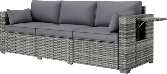 Three Seater Wicker Sofa with Side Tray Tables