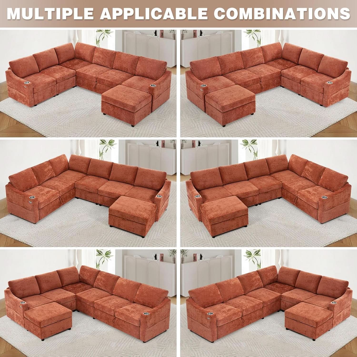 116Inch Orange Chenille Fabric Modular Sleeper Sofa USB