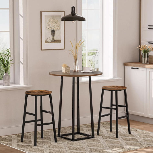 Round Bar Stools Set of 2 With Footrest 24.4 Inch Industrial Rustic Brown