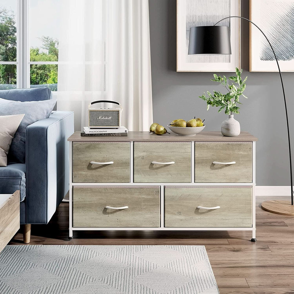 5 Drawer Wide Fabric Dresser Organizer With Wood Top