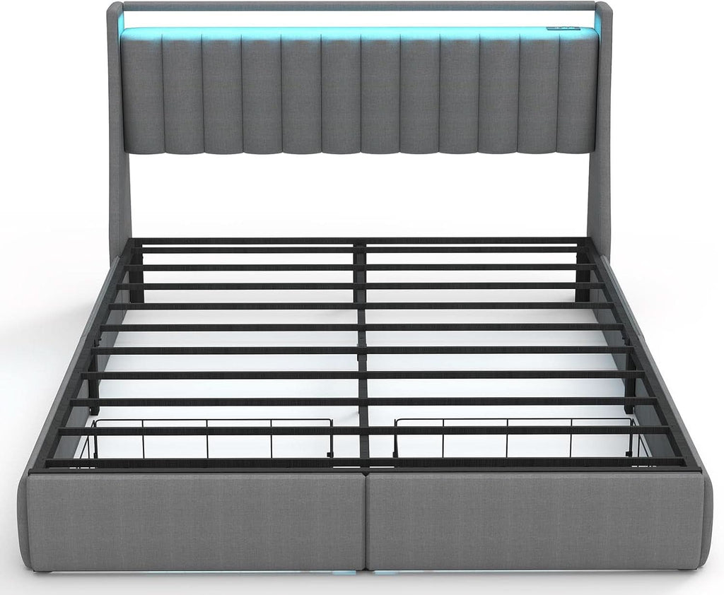 Queen Bed Frame With LED Lights And Storage Drawers