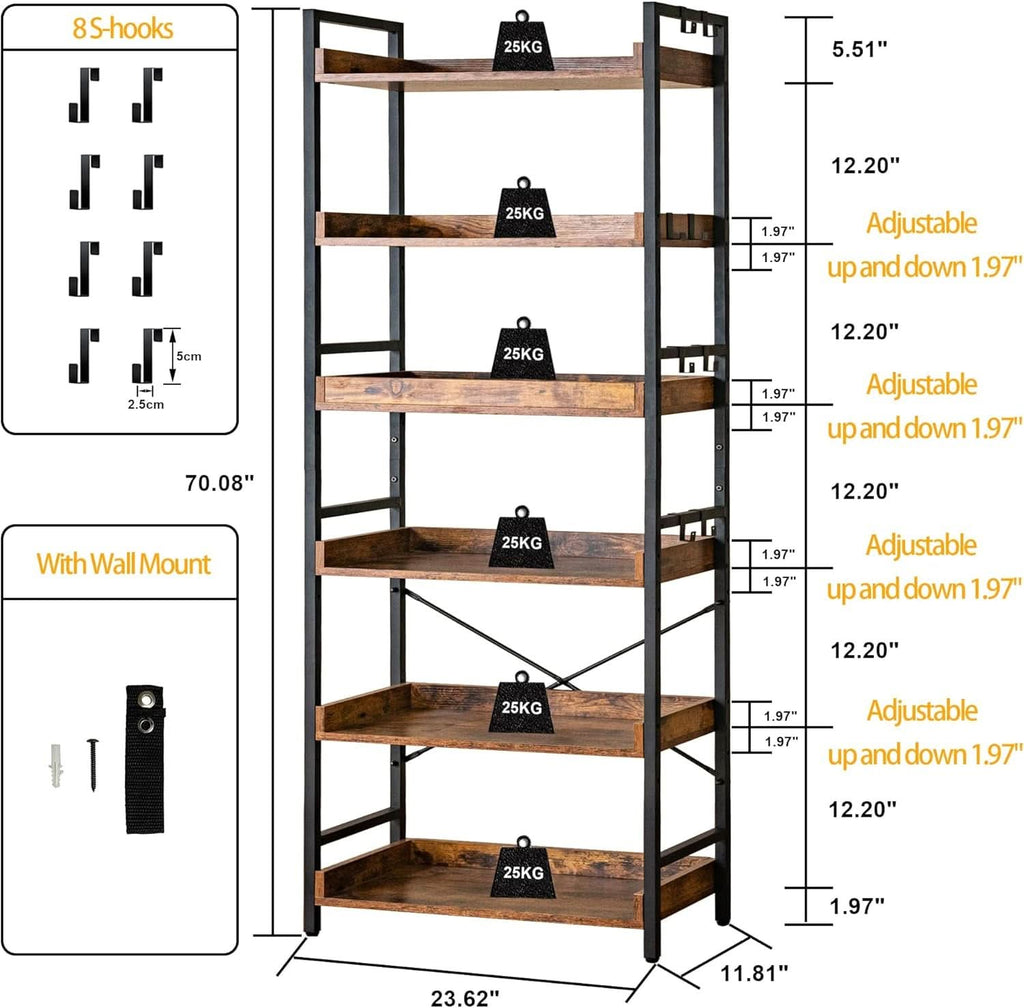 Adjustable Six Tier Industrial Wood Black Metal Bookcase
